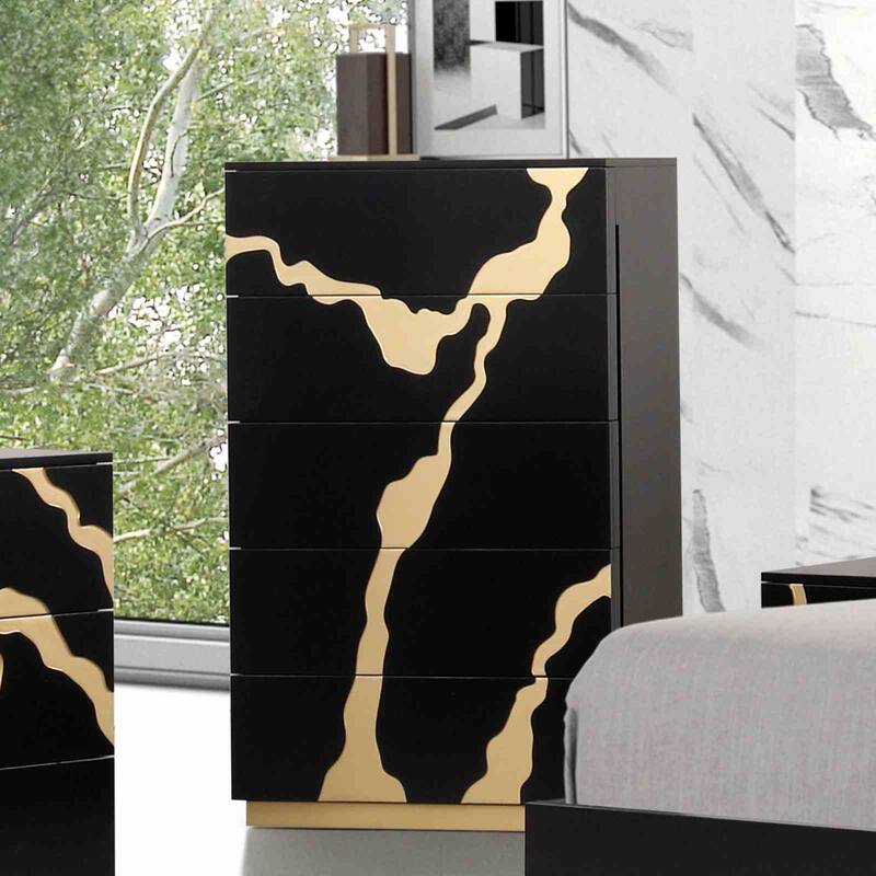 Black Gold Finish Modern Style Bedroom Set Bed Dresser Mirror Nightstand Chest