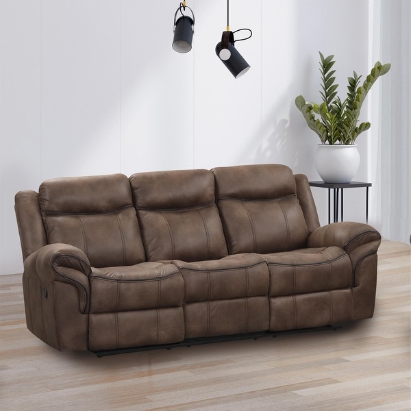 Verne Brown Manual Microsuede Reclining Sofa with Flip Down Cup Holders On Sale Bed Bath Beyond 38024255