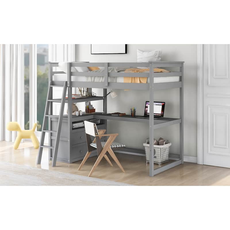 Twin Size Loft Bed with Desk, Shelves, and Two Drawers in Gray