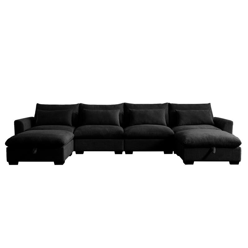 Corduroy Reversible Modular Sectional Sofa with 2 Storage Ottomans and 4 Waist Pillows