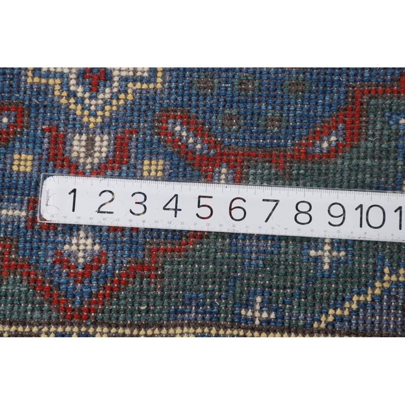 Green Geometric Kazak Oriental Runner Rug Hand-Knotted Wool Carpet - 2'6"x 9'10"