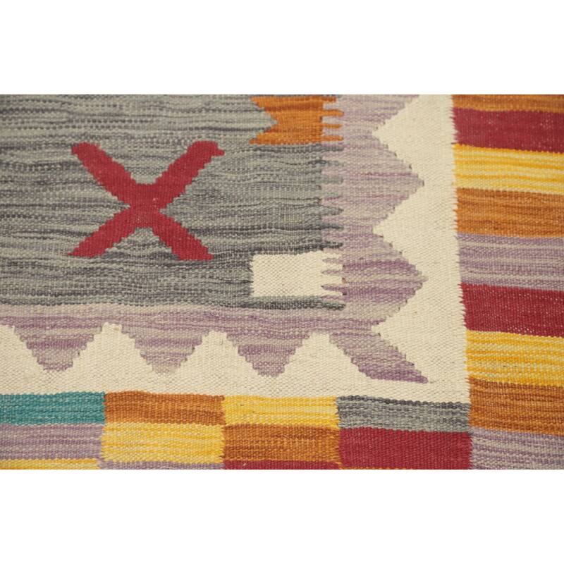 Hand Woven Oriental 100% Wool Carpet Southwestern Tribal Greys & Charcoal Kilim Area Rug - 8' 3'' X 4' 9''