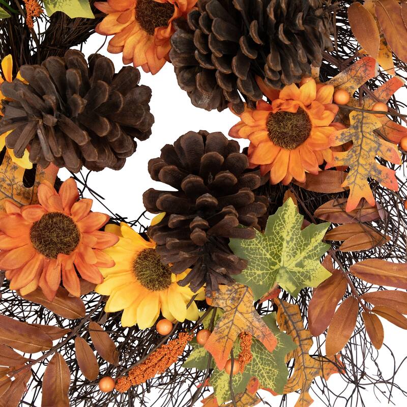 Sunflowers Pine Cones Fall Artificial Thanksgiving Wreath, 24", Unlit