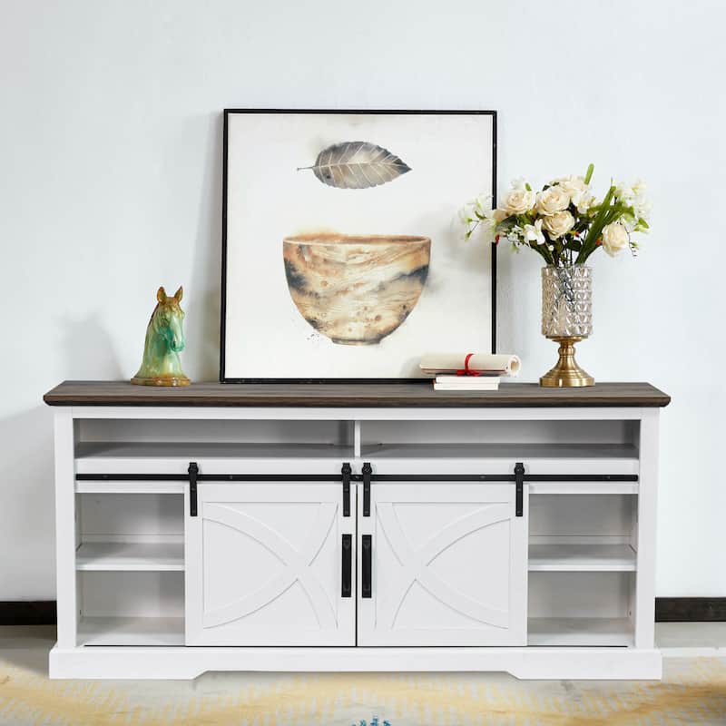 68" Rustic Sliding Barn Door TV Stand White TV Console for 80" TVs