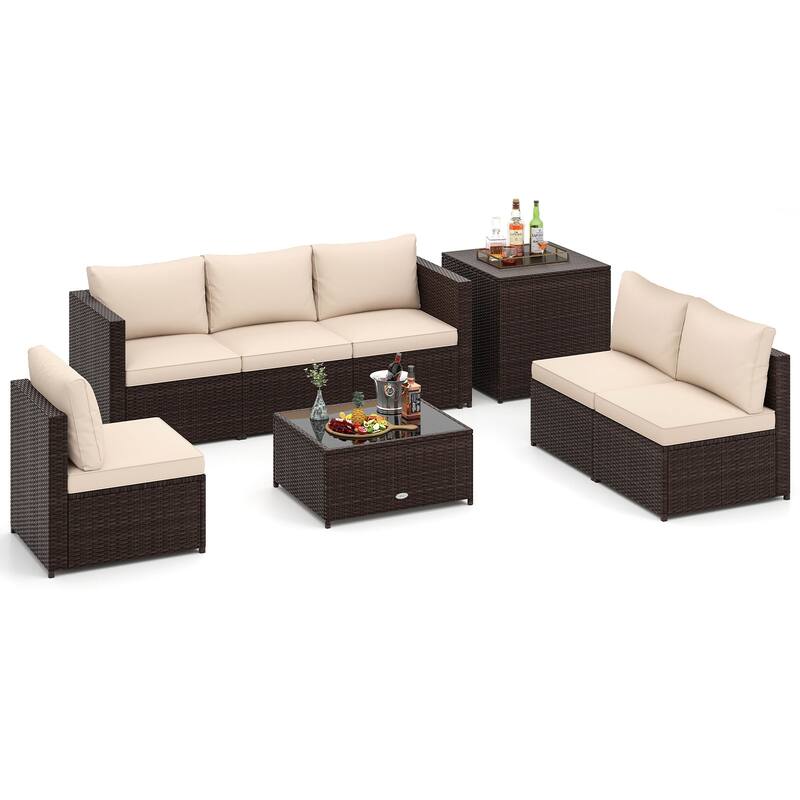 8 PCS Wicker Patio Furniture Set Rattan Sofa Set w/ Storage Box - Beige+Brown