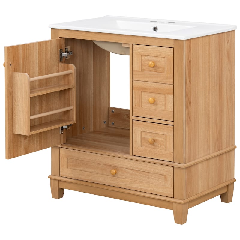 30" Bath Vanity with Sink - 3 Drawers, Door Shelf & Soft-Close Mechanism