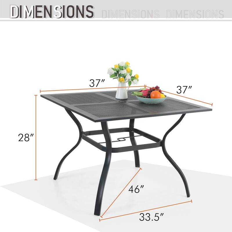 Seats up to 4 Outdoor Dining Sets, 37" Square Metal Bistro Table with Umbrella Hole and 4 Rattan Garden Chairs