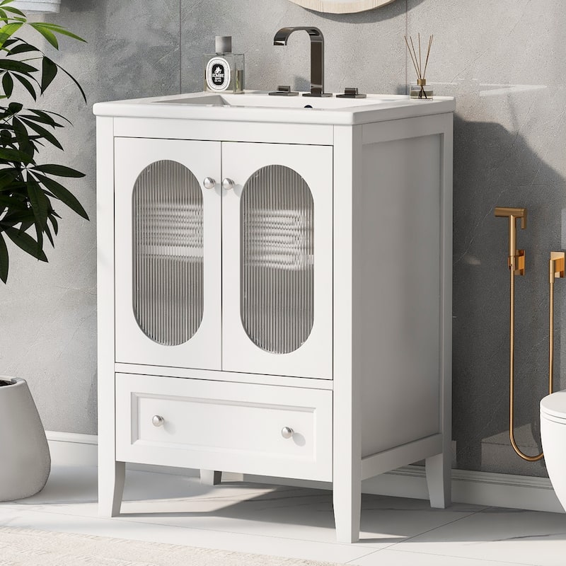 Bathroom Vanity with Sink, Vanity Set with 1 Drawer and 2 Glass Doors, Bathroom Storage Cabinet with Adjustable Shelf - White
