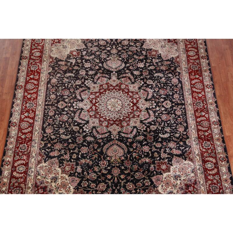 Hand Knotted Oriental Wool & Silk Carpet Traditional Floral Navy Blue & Blues Tabriz Area Rug - 9' 8'' X 7' 10''
