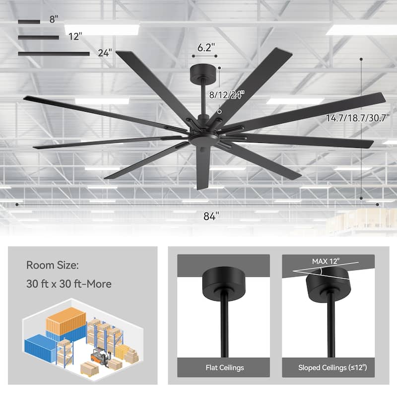 Large 84" Black Ceiling Fan No Light with Remote(9 Reversible Blades)