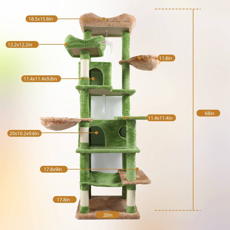 68in Tall Multi-Level Cat Tree with Hammocks, Hanging Basket, Cat Cave, Removeable Cushion, Scratching Posts