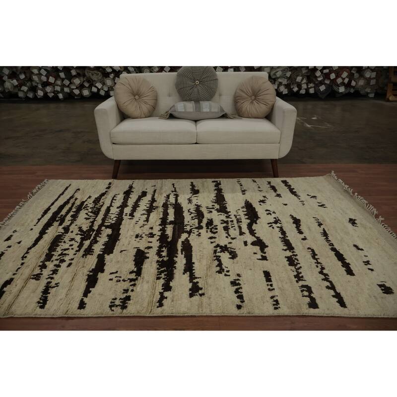 Hand Knotted Oriental 100% Wool Carpet Modern Abstract Beige & Ivories Moroccan Area Rug - 8' 2'' X 5' 3''