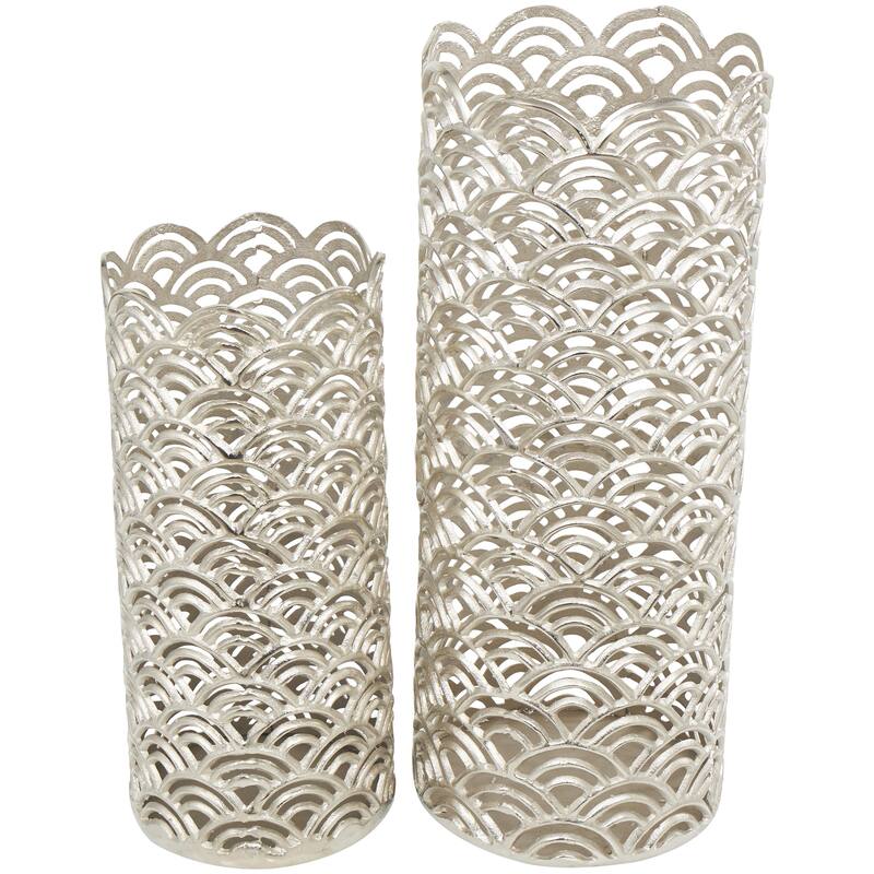Aluminum Metal Geometric Art Deco Inspired Decorative Vase with Arch Designs - Set of 2 Gold or Silver - Roche River Decor