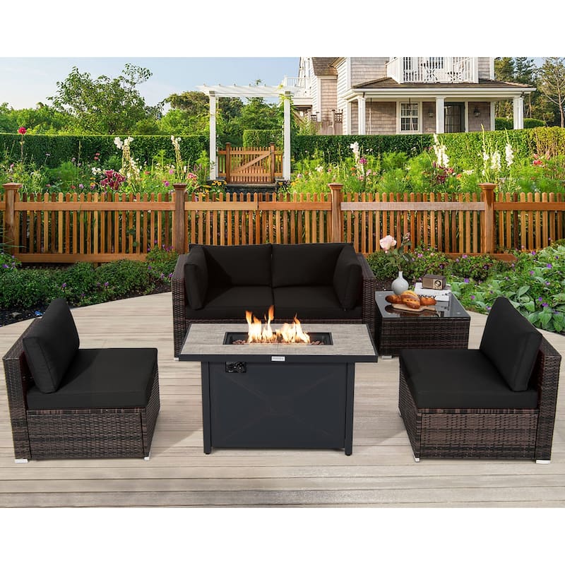 Costway 6PCS Patio Furniture Set Rattan Cushioned Sofa Gas Fire Pit - See Details