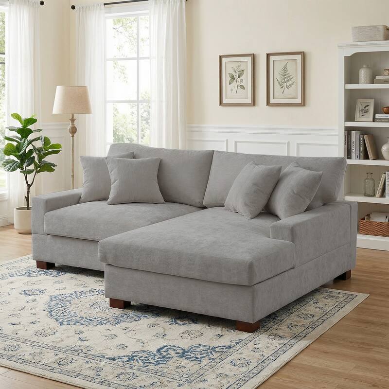 2 Set Chenille Upholstered Modular Sectional Sofa Chaise with Pillows - Grey-Sofa L+Chaise R - Right Facing