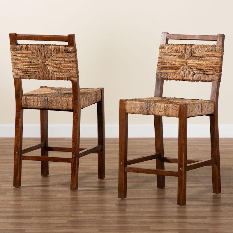 Cordoba Bohemian Natural Seagrass and Mahogany Wood 2-Piece Counter Stool Set