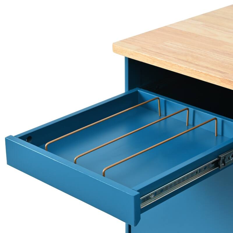 44 in. Rubber Wood Drop-Leaf Countertop Kitchen Island on 5 Wheels with an Adjustable Shelf and 2 Drawers