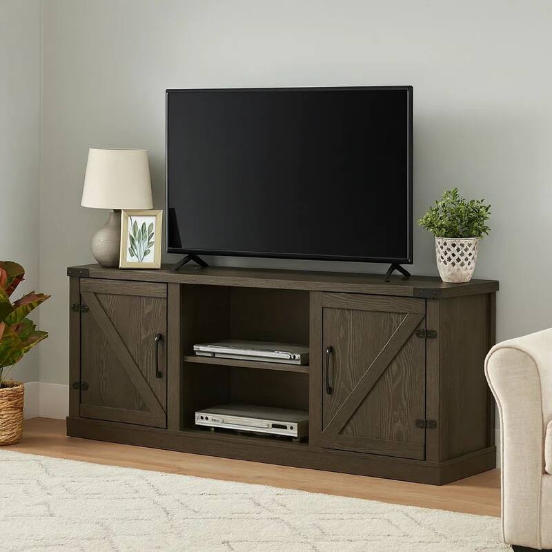 Olv 58 Inch TV Media Center Console, Barn Sliding Cabinet Doors, Dark Gray