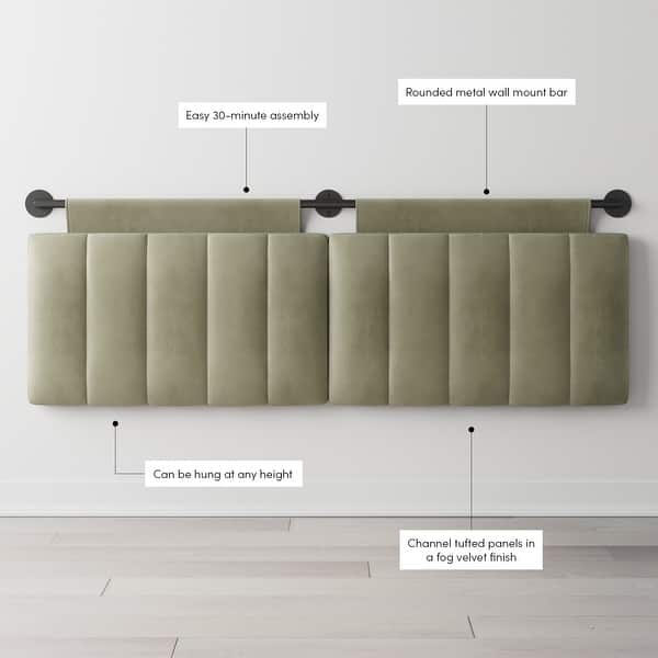 dimension image slide 15 of 16, Nathan James Remi Wall Mount Tufted Headboard with Adjustable Straps and Black Metal Rail