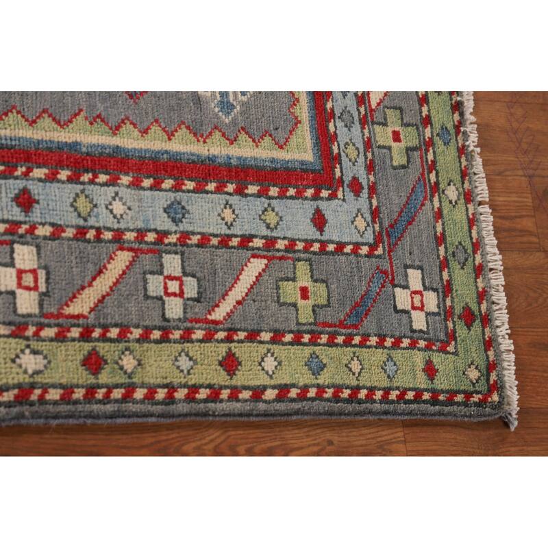 Gray Geometric Kazak Oriental Accent Rug Hand-Knotted Wool Carpet - 3'4"x 5'0"