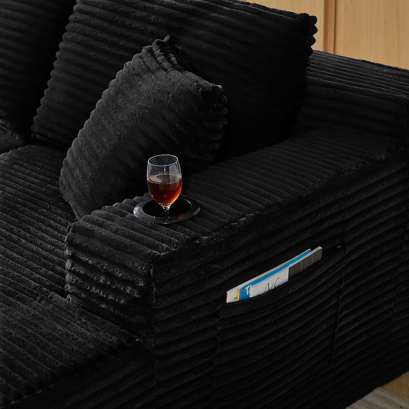 Minimalist Modular Lounge Couch U-shaped Sectional Sofa with Chaise, Corduroy Sleeper Sofa Bed with Side Pockets and Cup Holders