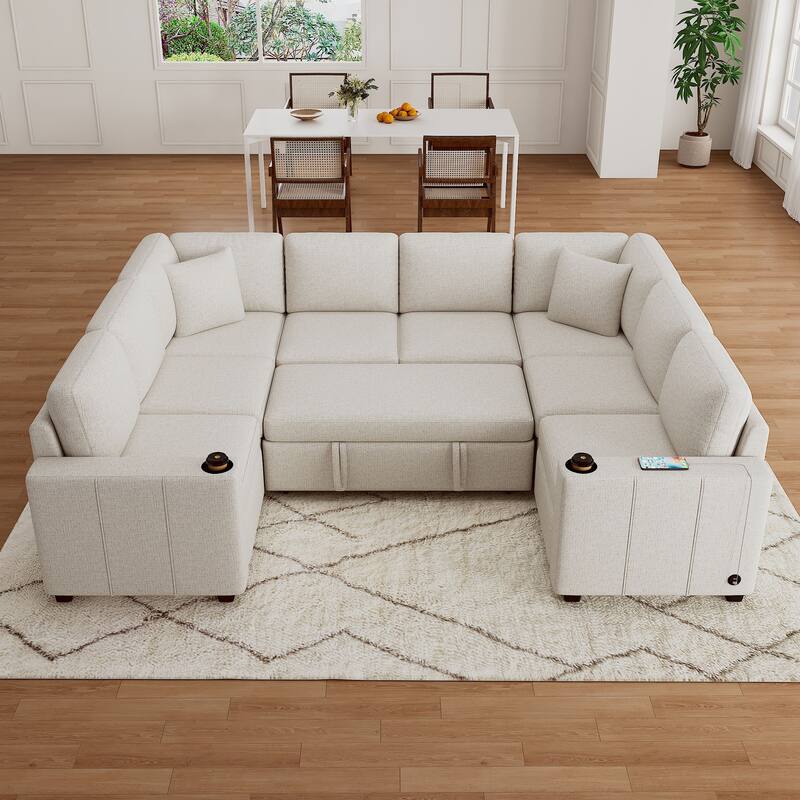 Chenille Sofa Bed Built-in USB and Cup Holders, U-shaped Sectional Sleeper Couch with Pull-out Recliner Bed for Living Room - Beige