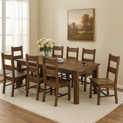 Caly 9pc Dining Table Set, 8 Ladderback Side Chairs, Rustic Golden Brown