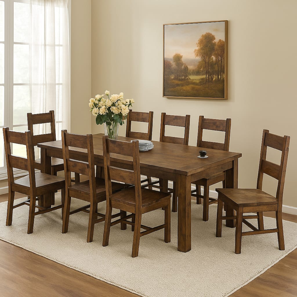 Caly 9pc Dining Table Set, 8 Ladderback Side Chairs, Rustic Golden Brown