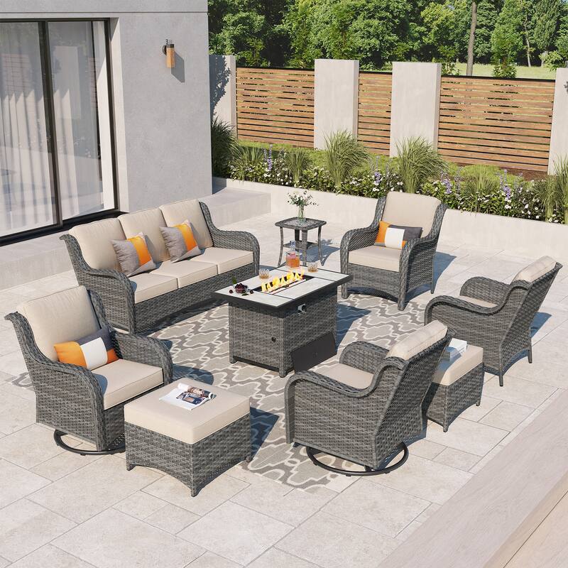 OVIOS 9-piece Patio Wicker Swivel Rocking Chair Set With Fire Pit - Beige-Grey Wicker