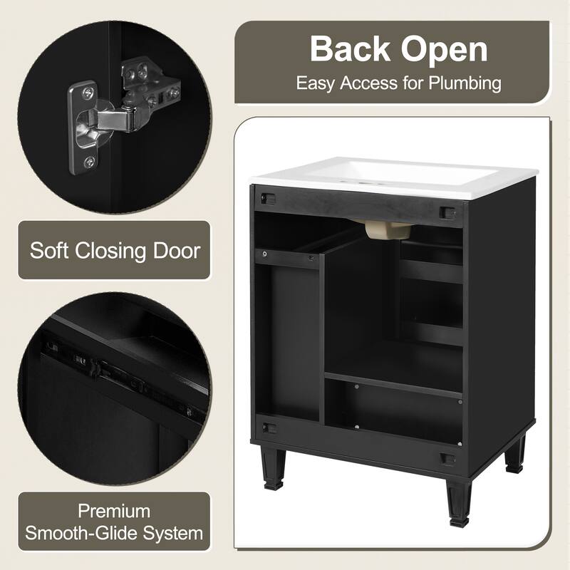 24" Bathroom Vanity with Sink, Freestanding Cabinet with Drawer, Pull-Out Basket & Shelf, Soft-Close Door, Ceramic Basin