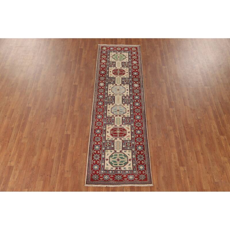 Geometric Kazak Runner Rug Hallway Handmade Wool Carpet - 2'9" x 9'4"