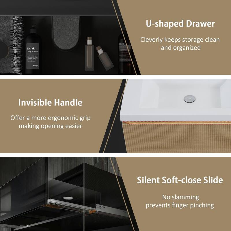 24"/30"/36"/42" Floating Bathroom Vanity Combo with Solid Surface Basin, Natural Oak Storage Cabinet, Modern Design