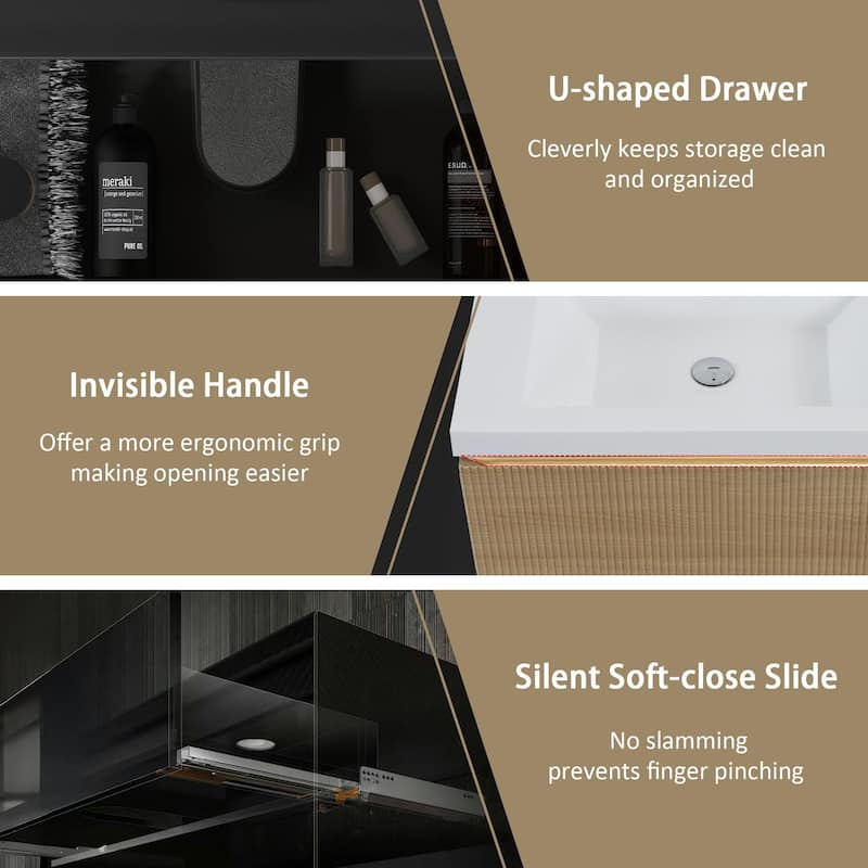 GDFStudio - Hudson 30-Inch Floating Bathroom Vanity with Solid Surface Basin and Fluted Storage Drawer