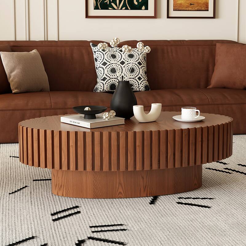 Oval Handcrafted Olive-Shaped Wooden Coffee Table - Sturdy Base for Living Room