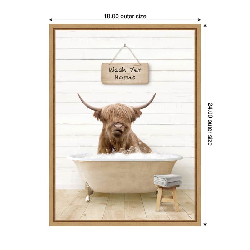 Kate and Laurel Sylvie Highland Cow in Modern Bathtub Wash Your Horns Framed Canvas by Amy Peterson
