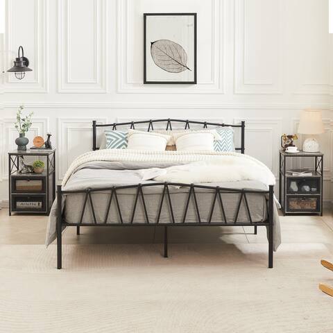 Industrial 3-piece Bedroom Set Black Platform Bed Frame and Modern Nightstands Set of 2