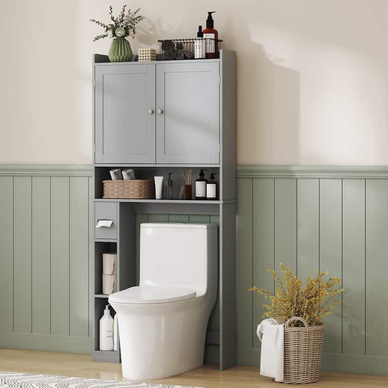 MDF Over Toilet Storage Cabinet with Doors and Adjustable Shelf - 31.5" W x 7.7" D x 66.9" H - Grey