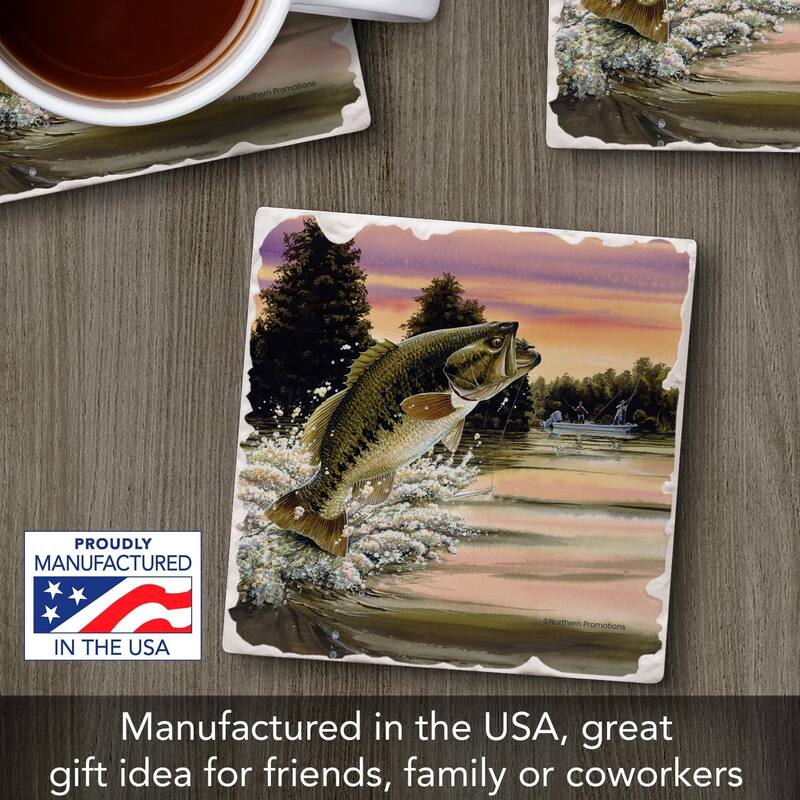 Bass Attack 4 Pack Tumbled Tile Stone Coaster with Protective Cork Backing Manufactured in The USA 4" Square