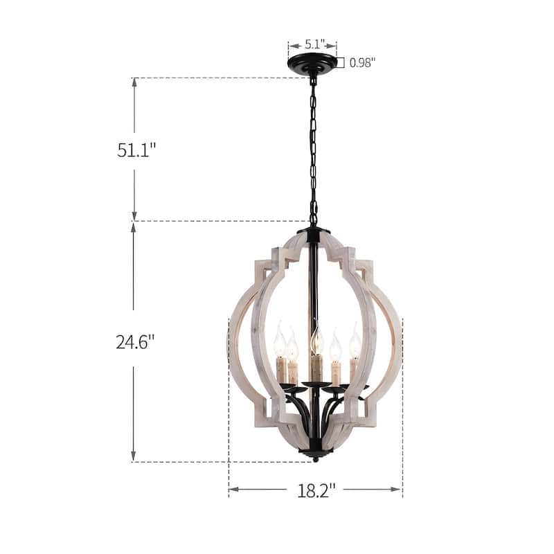 5-Light Wood Farmhouse Chandelier, Off White Distressed Vintage Medieval Style