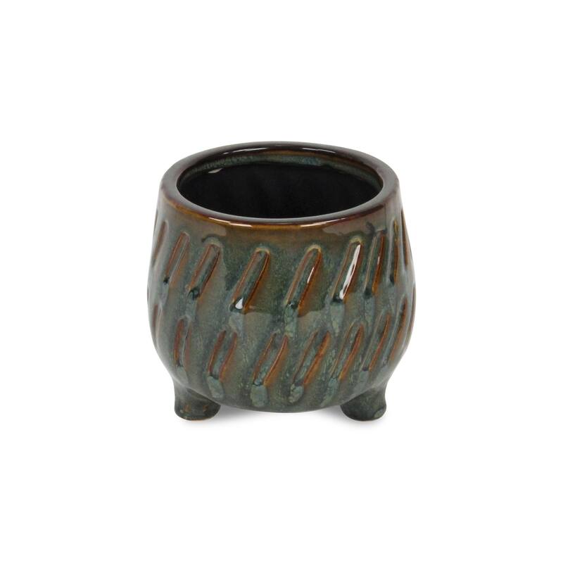 Astrona Raised Round Dual Band Diagonal Patterned Ceramic Pot - Dark Copper
