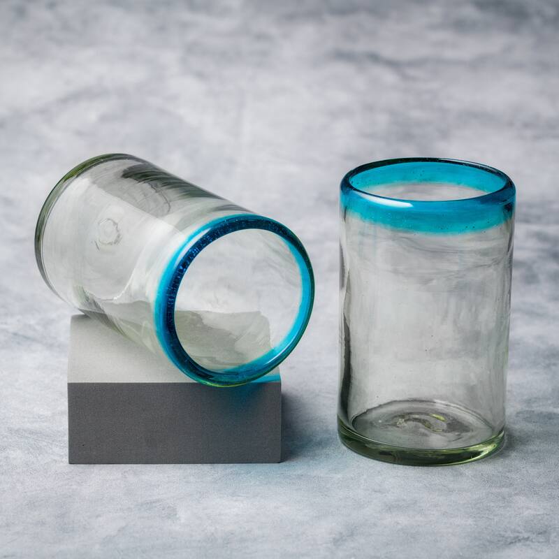 10 Strawberry Street Aqua Rim Handblown Mexican Glassware, Set of 6