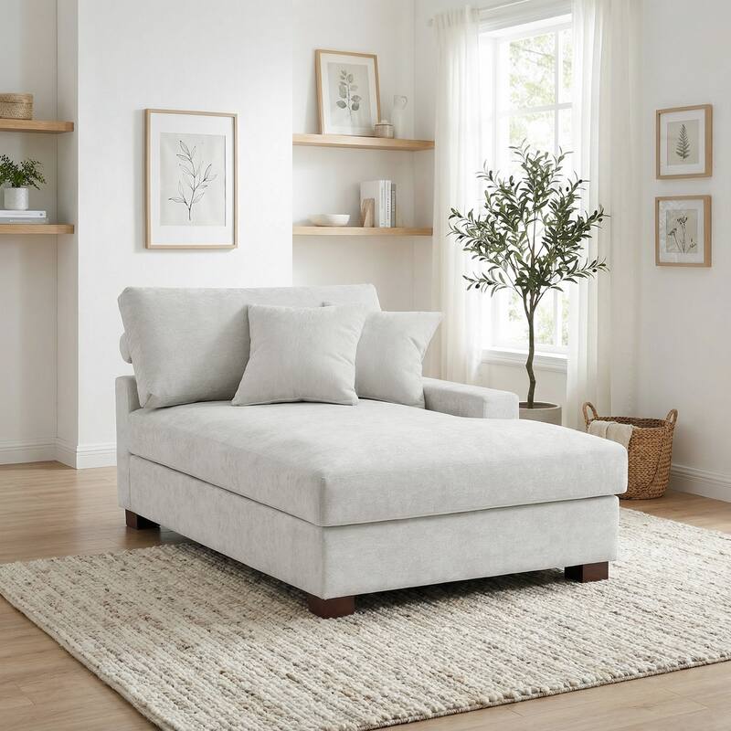 Oversized Chenille Modular Chaise Lounge With Deep Seat - Right facing - Off-White