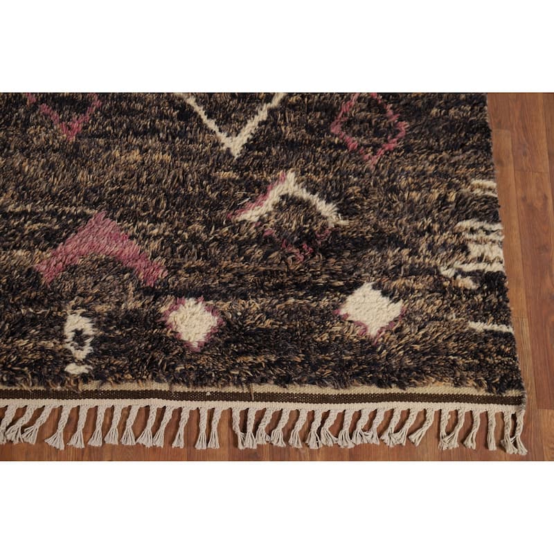 Brown Plush Moroccan Area Rug Hand-Knotted Living Room Wool Carpet - 9'0" x 12'5"