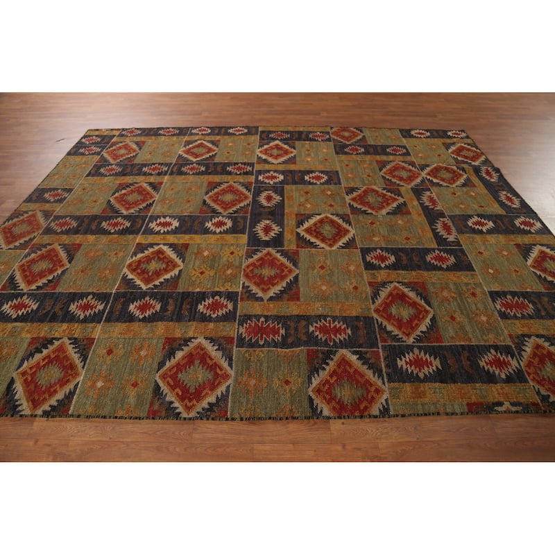 Green & Blue Geometric Kilim Oriental Area Rug Hand-Woven Wool Carpet - 7'8"x 9'10"