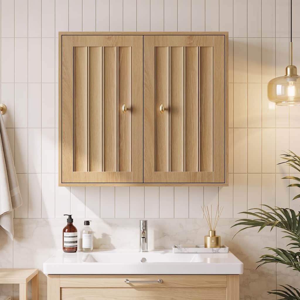 Wall-Mounted Bathroom Cabinet, Double-Door Medicine Cabinet with Vertical Grooved Design,Wall-Mounted Storage Cabinet
