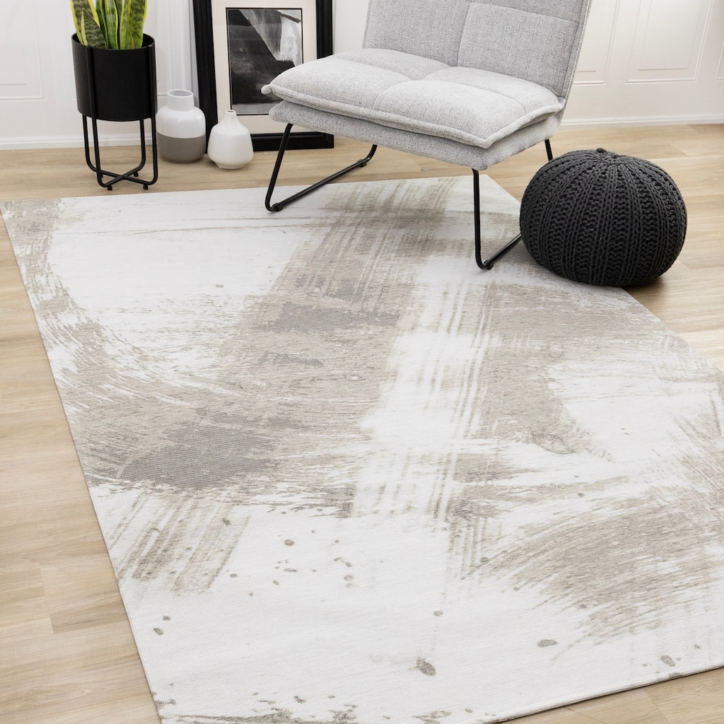 Kylie Collection - Soft Cream Blue Brush Strokes Rug