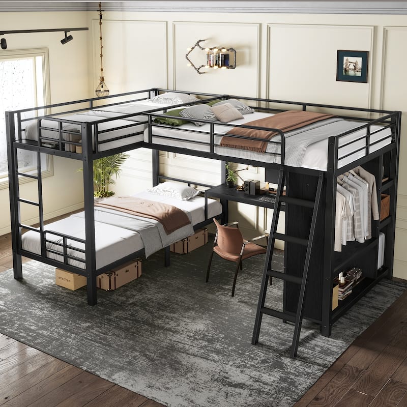 L-shaped Triple Bunk Bed with Desk and Wardrobe, Twin XL over Twin XL Bunk Bed with an Attached Full Loft Bed