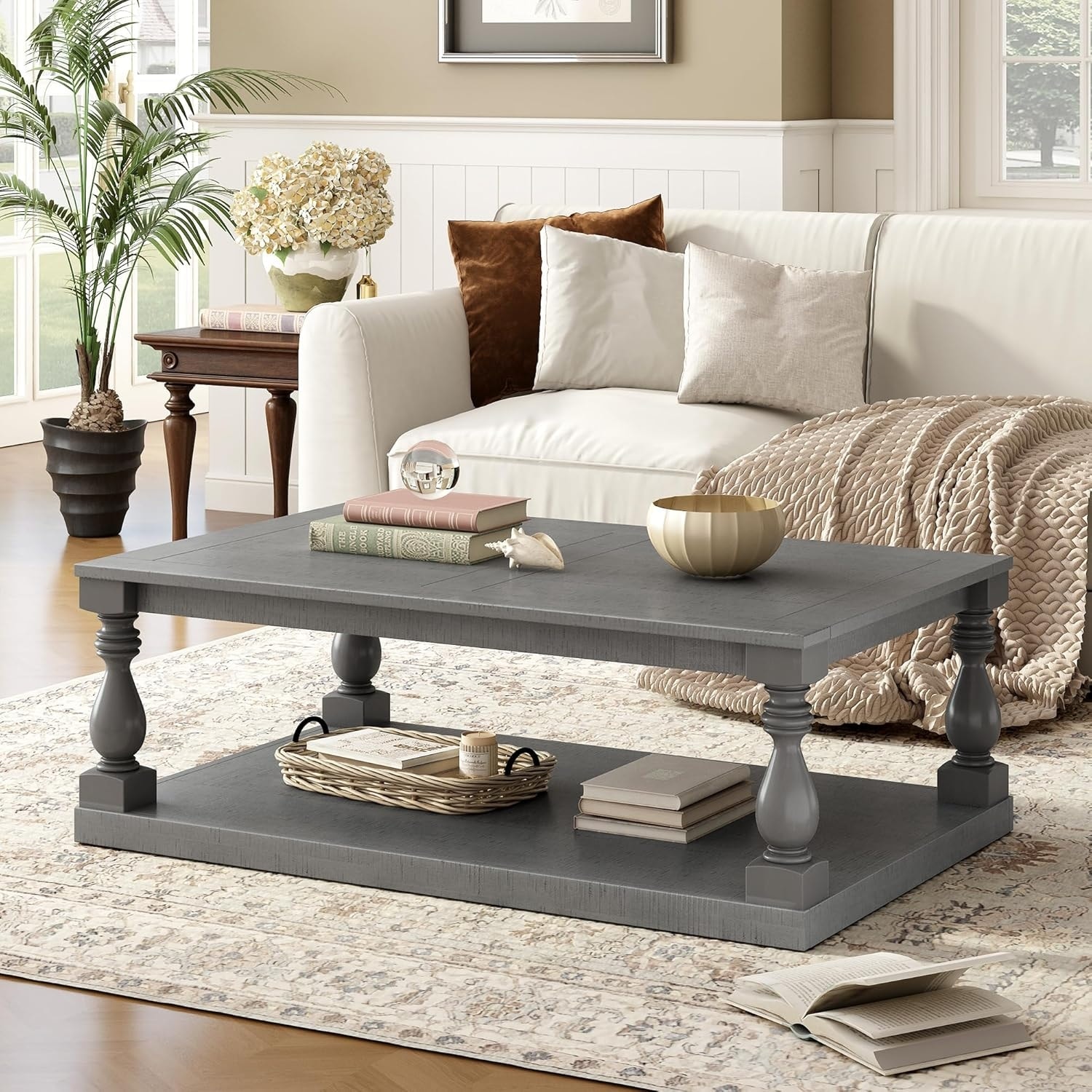 Wood Coffee Table with Storage, Modern Rectangle Living Room Center Table, Gray