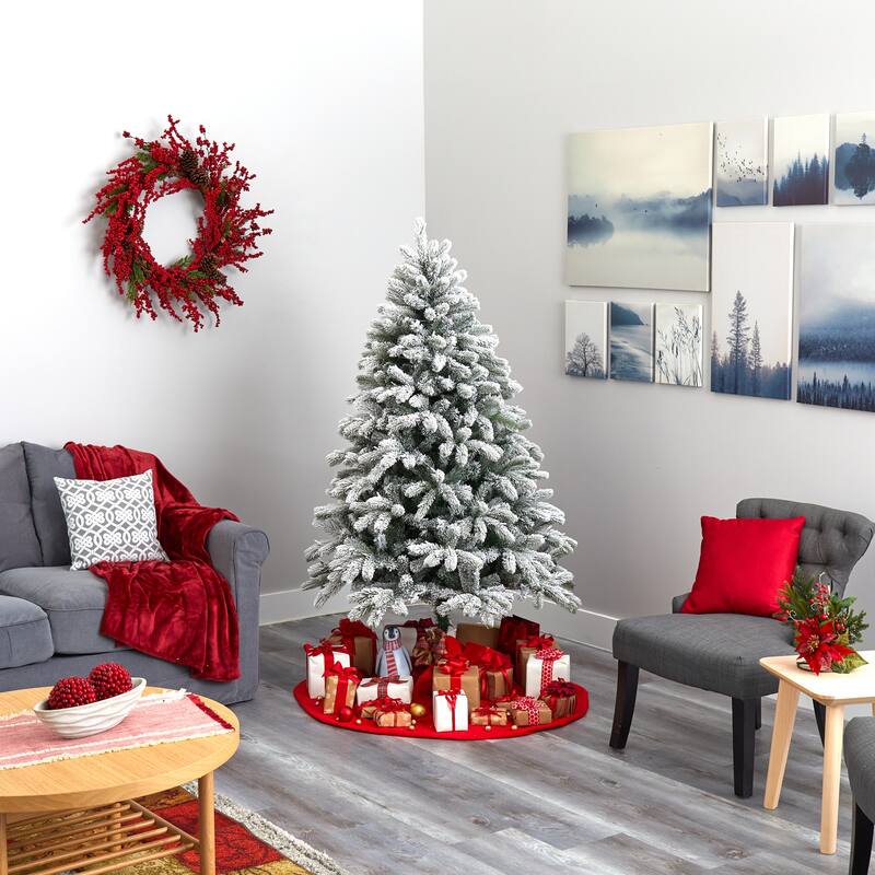 6ft Flocked Christmas Tree - Slim Pencil Artificial Tree with 450 Lights & Metal Stand - Green - 72