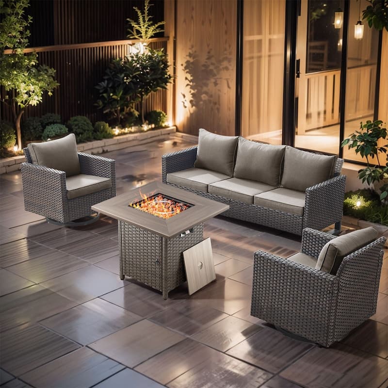4 Pieces Fire Pit Table with Sofa Swivel Chair Set - Brown Wicker - Gray cushion
